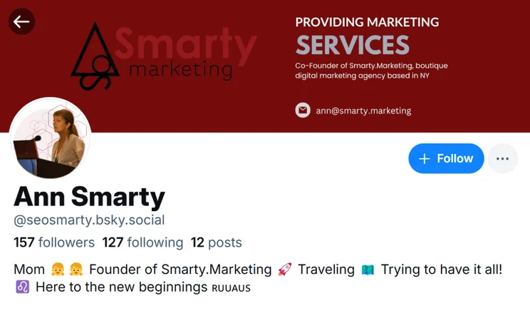 Screenshot of the Bluesky account bio for Ann Smarty