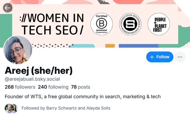 Screenshot of the Bluesky account bio for Areej Abuali