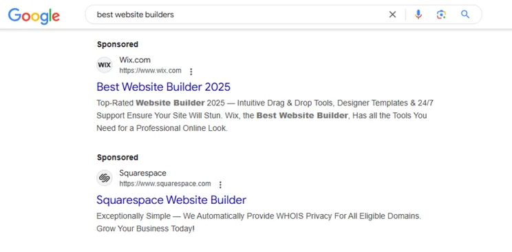 Sponsored posts in Google search result for the term "best website builders"