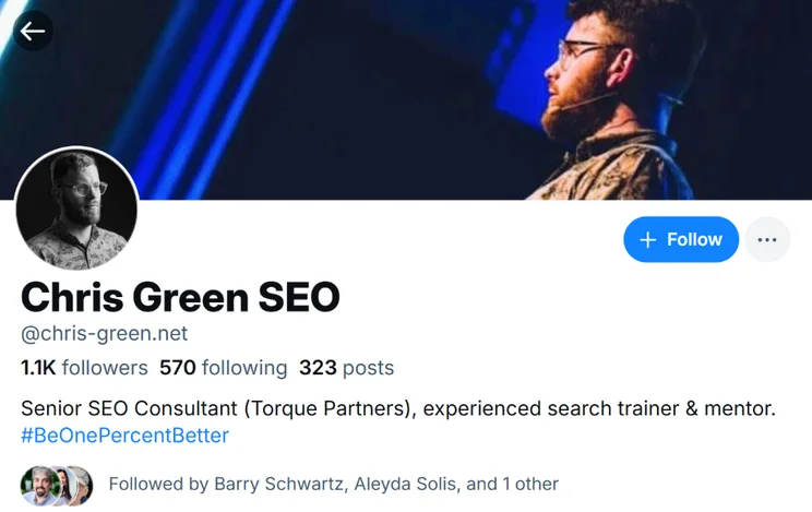 Screenshot of the Bluesky account bio for Chris Green