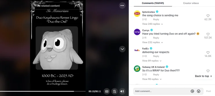 Screenshot of a Duolingo TikTok post on the bird's death alongside verified comments from other brands