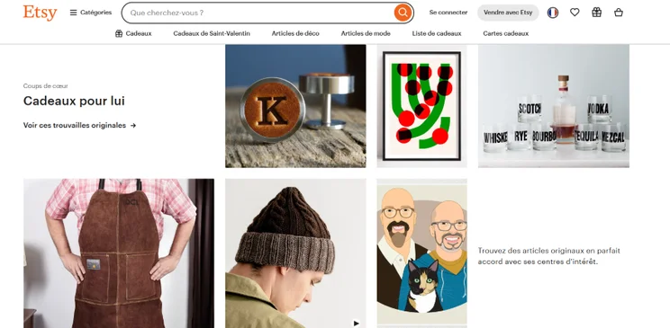 Screenshot of the Etsy homepage in France with product imagery and text