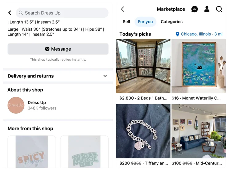 Screenshot of facebook shop product page on left and facebook marketplace homepage on right
