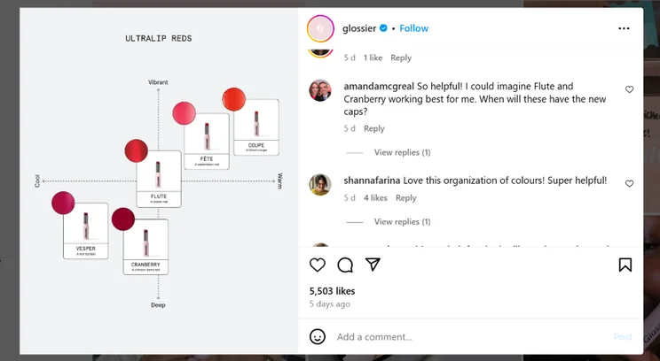 Screenshot of a Glossier Instagram post showcasing different lip colors for different skin tones