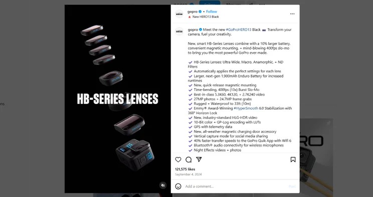 Screenshot of a post from GoPro's Instagram page with a short showcasing a new product