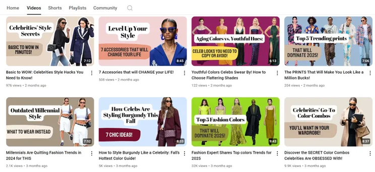 Screenshot of YouTube thumbnails from a fashion channel with stylish font and photos