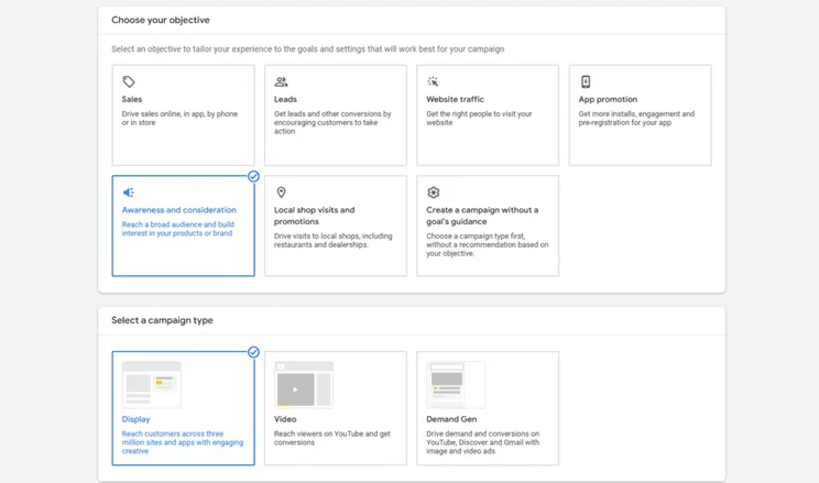 Options for campaign type when creating a new Google Ads campaign