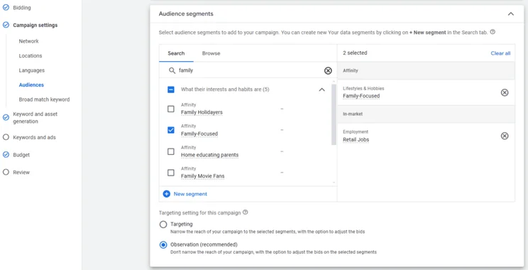 Setting audience types in a Google Ads campaign
