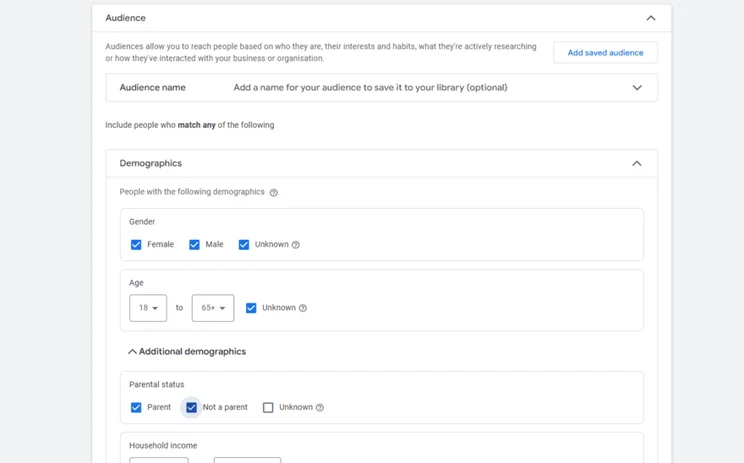 Google Ads demographic settings page