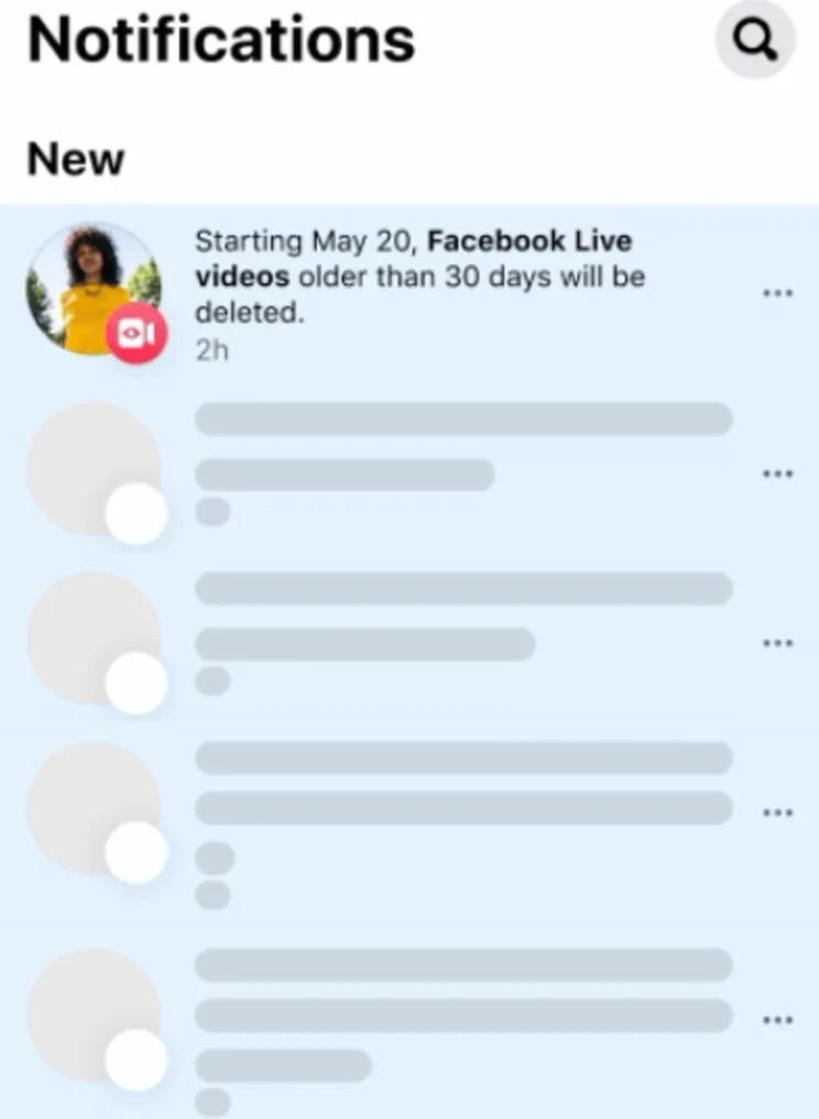 facebook notification on mobile app warning of live video deletion