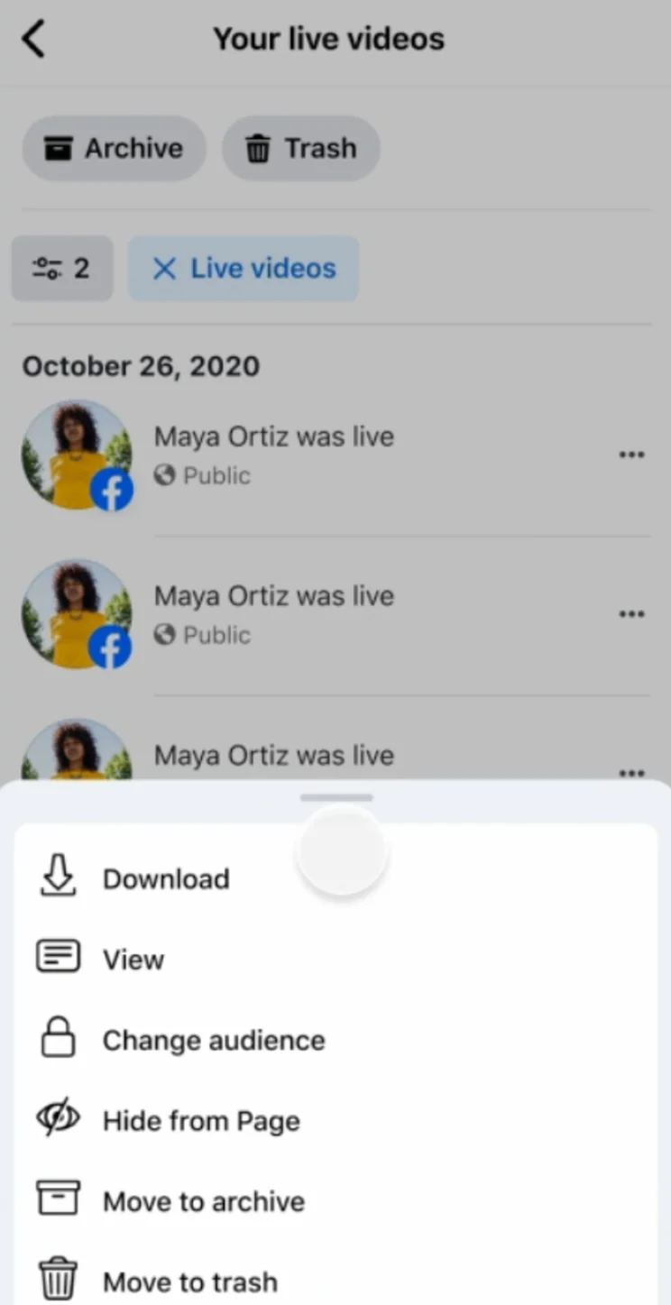facebook live video history with options download, manage, or delete stream
