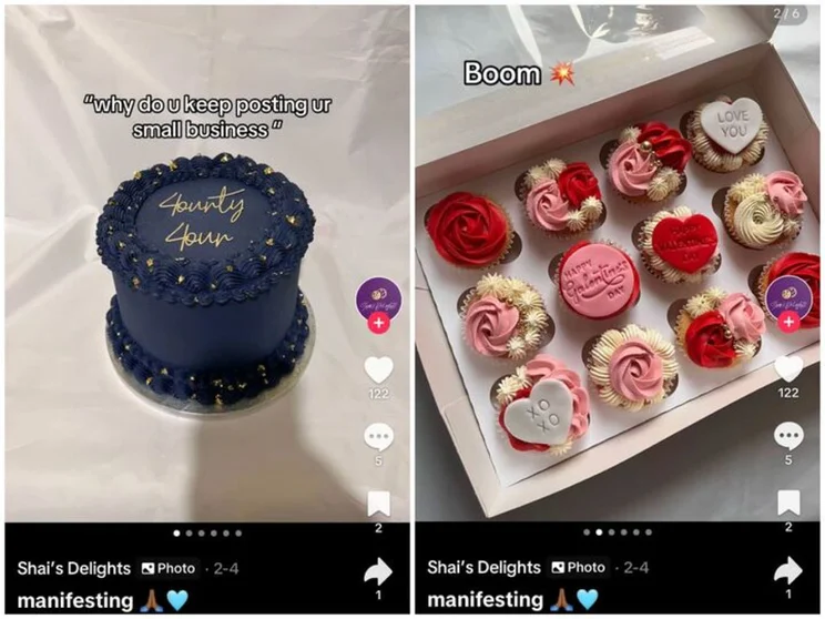 two pictures showing a blue cake (left) and pink cupcakes (right)