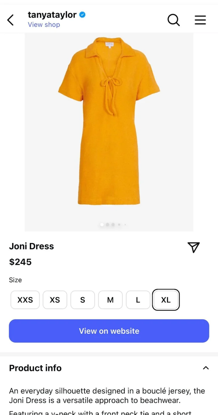Instagram product page for an orange dress