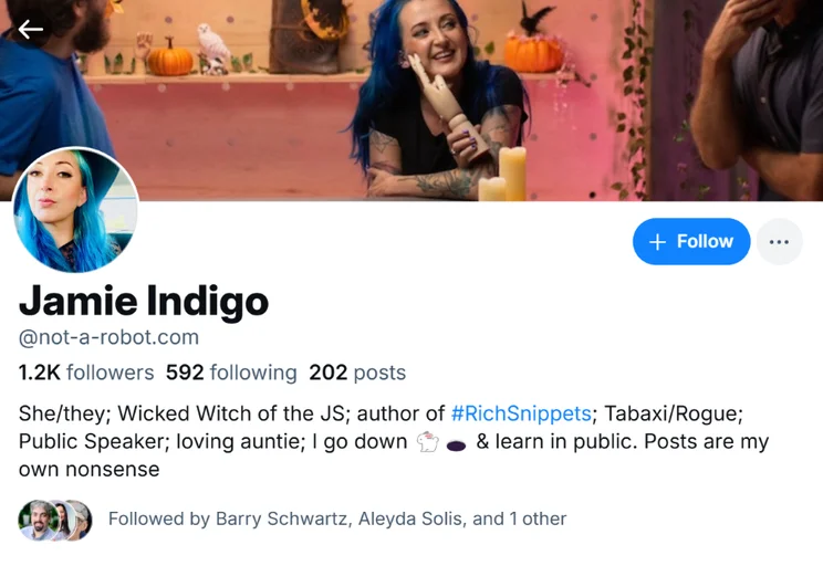 Screenshot of the Bluesky account bio for Jamie Indigo