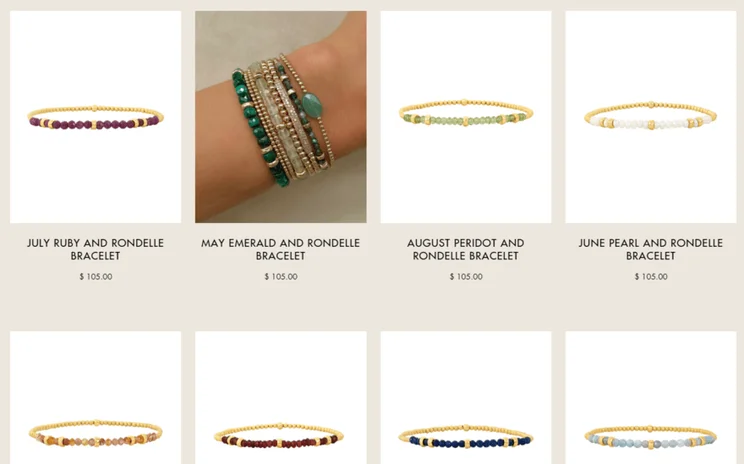 Rows of beaded bracelet products on Karen Lazar Design website