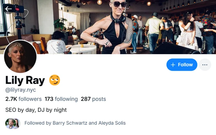 Screenshot of the Bluesky account bio for Lily Ray