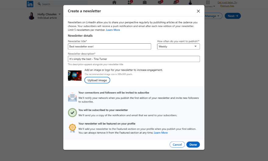 Screenshot of a popup for creating a newsletter on LinkedIn with key details to fill in