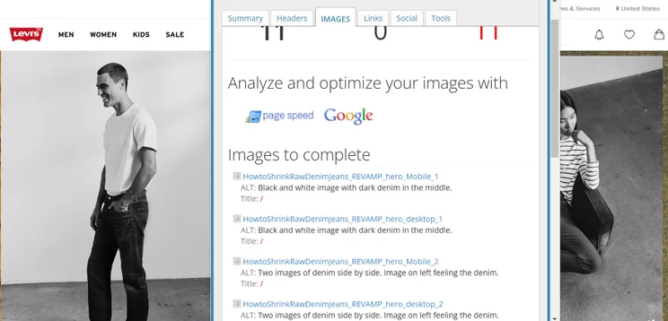 Screenshot of the Levi's blog page with an SEO pop-up box showing where the optimized images are
