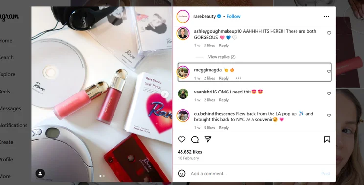 Post from the Rare Beauty Instagram account featuring an item layout with two lipglosses