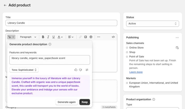 Generated product description by Shopify Magic for a library candle