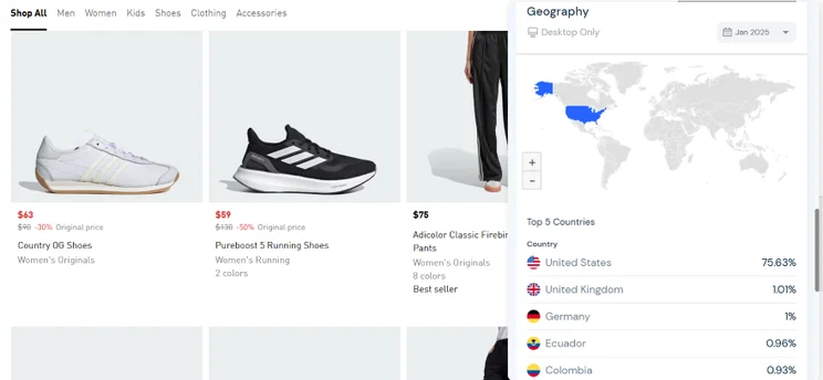 Screenshot of an Adidas product page with a pop-up showcasing popular countries for the webpage