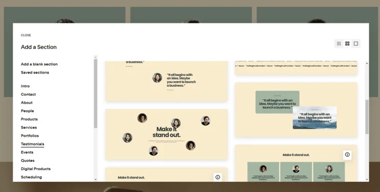 Pre-designed testimonial elements in Squarespace's editor