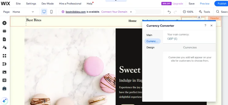 Screenshot of the Wix Editor when adding a currency via a element popup