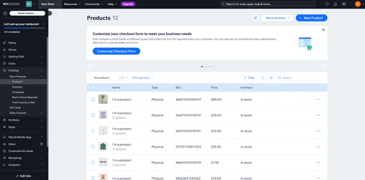 Screenshot of a Wix Stores tab on the website builder showcasing uploaded products