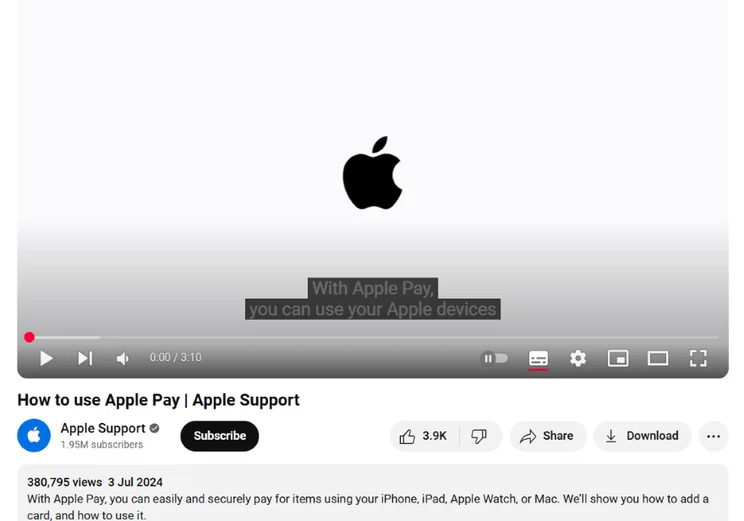 Screenshot of an Apple video with the keyword "Apple Pay" in the title, description, and captions