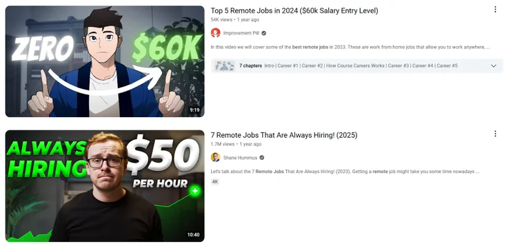 A screenshot of two video thumbnails alongside their title and captions