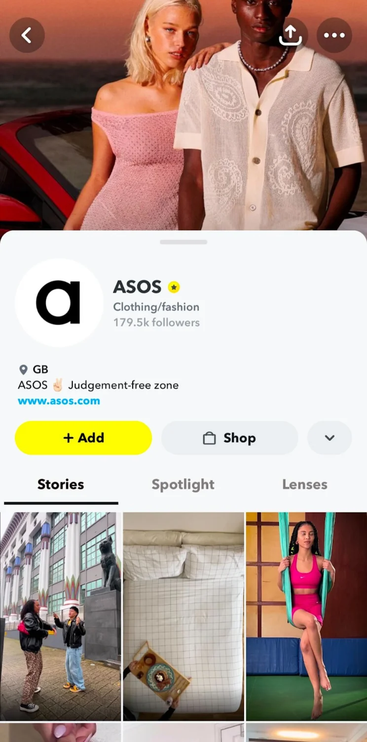 ASOS snapchat profile with banner of a man and woman leaning on each other in summer clothes