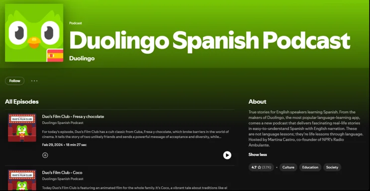 Duolingo Spanish podcast overview on Spotify