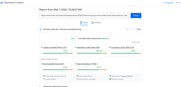 page speed insights for forbes article