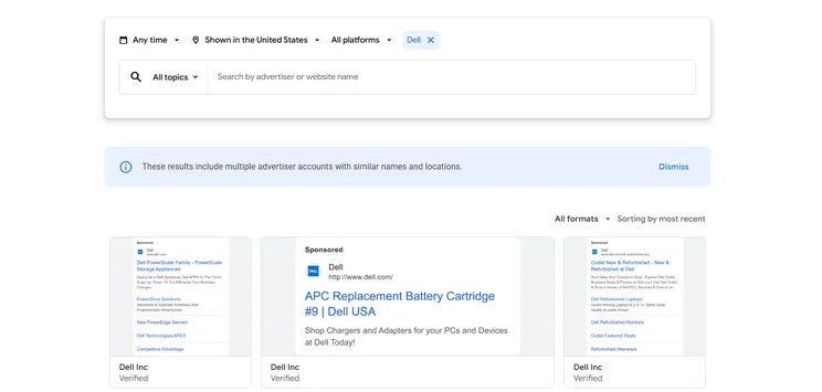 An Dell Ad as shown on Google's Ads Transparency Tracker