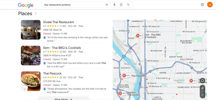 A Google Places snippet showcasing different Thai restaurants as identified on a map