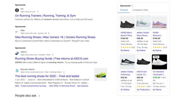 Google results page showcasing sneakers to buy