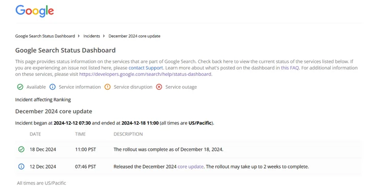 A page from the Google Search Status Dashboard showcasing the latest update