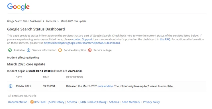 Google Search Status Dashboard update showing the start of the March core update