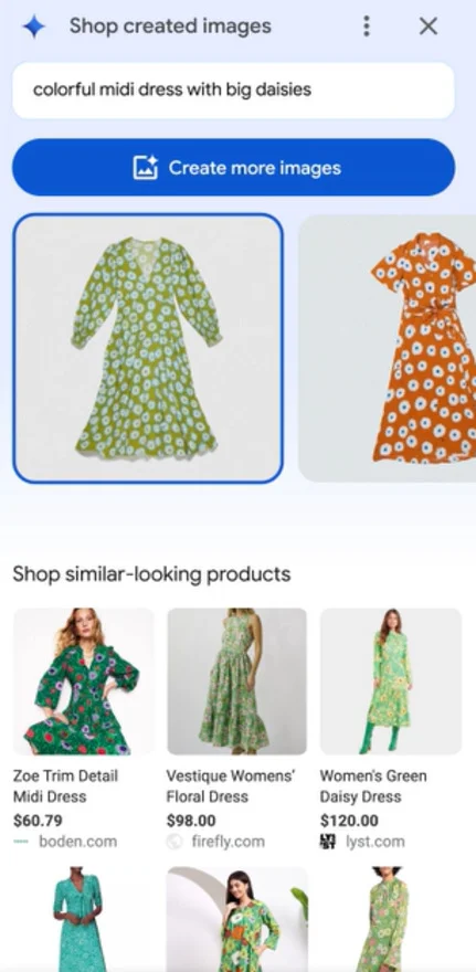 green dress and orange dress on google shopping with related products below