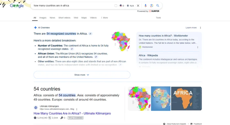Google search result showing that there are 54 African countries