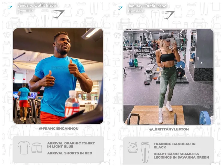 two gymshark story posts of a man on a running machine (left) and a woman taking a gym selfie (right)