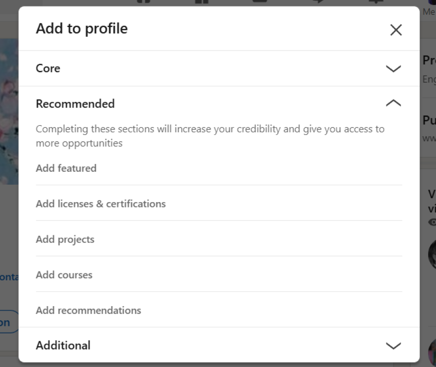 LinkedIn Add Profile Options A pop-up showcasing different things to add to a LinkedIn profile