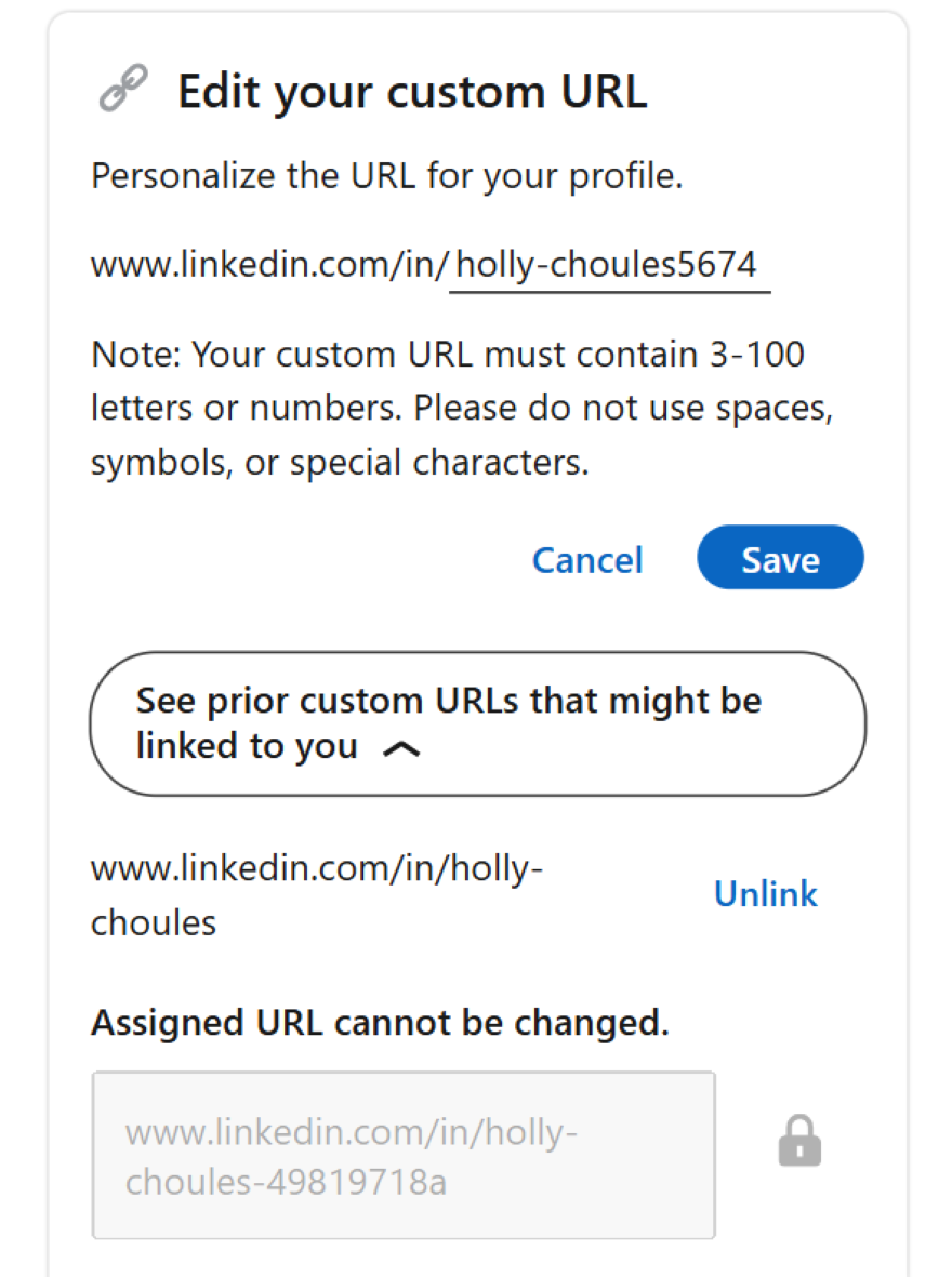 LinkedIn Change URL Box Box on LinkedIn to edit a profile's URL
