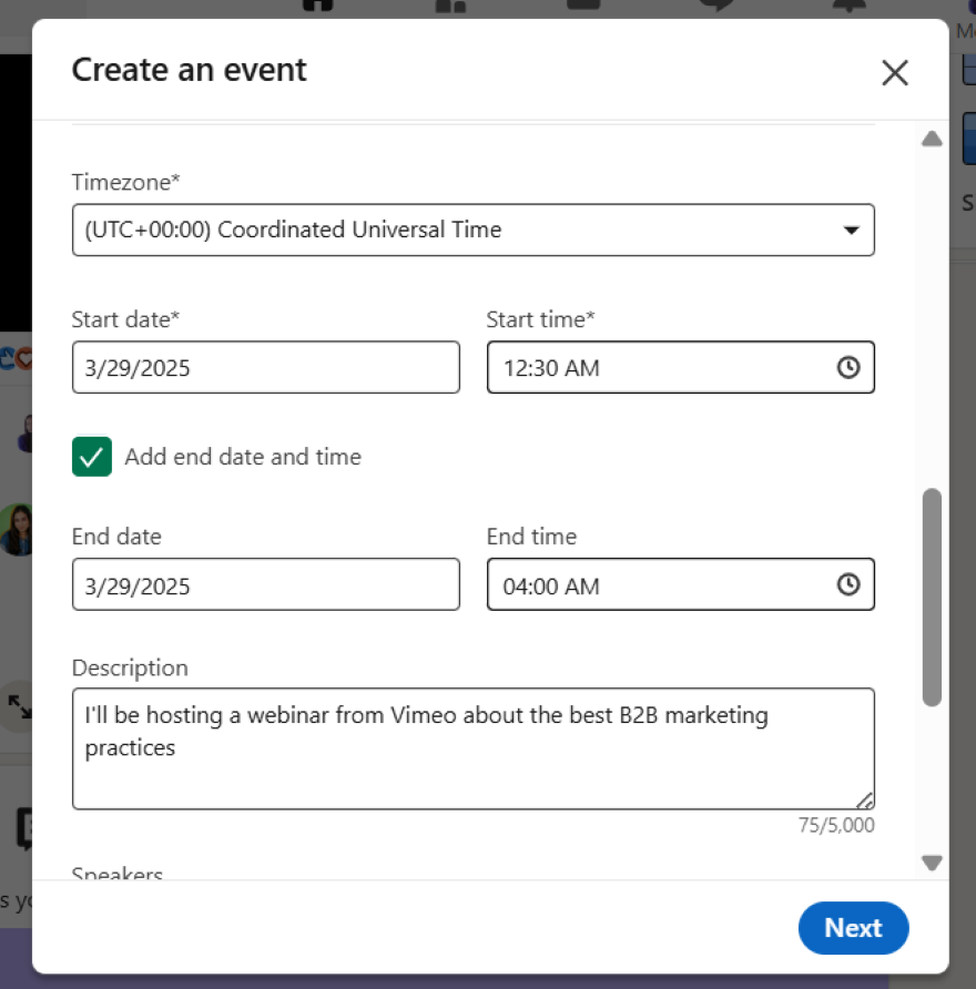 LinkedIn Live Creating an Event Creating a live event on LinkedIn with start and end dates, timezone & description