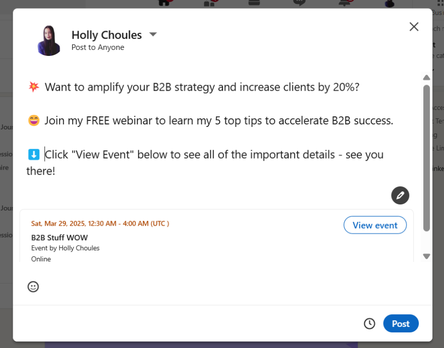 LinkedIn Live Post A LinkedIn post promoting a LinkedIn live on B2B strategy