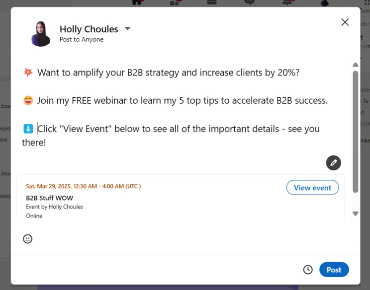 A LinkedIn post promoting a LinkedIn live on B2B strategy