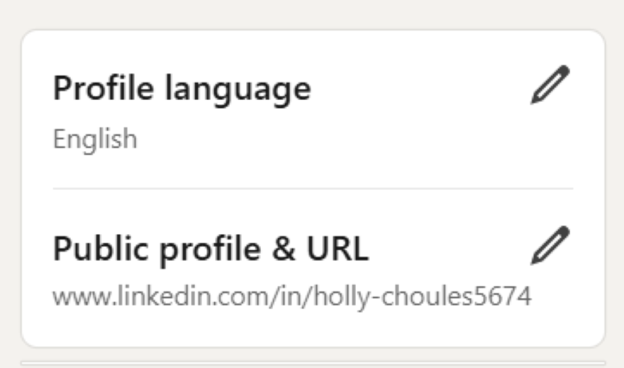 LinkedIn Profile Box Change URL Box showcasing settings to change profile language and profile details & URL