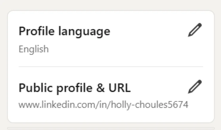 Box showcasing settings to change profile language and profile details & URL