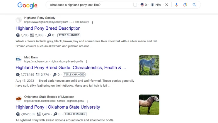 Google search results for "what does a highland pony look like" with three relevant pages