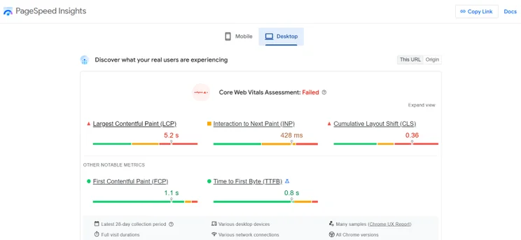 A Google PageSpeed Insight results on a site's speed and performance